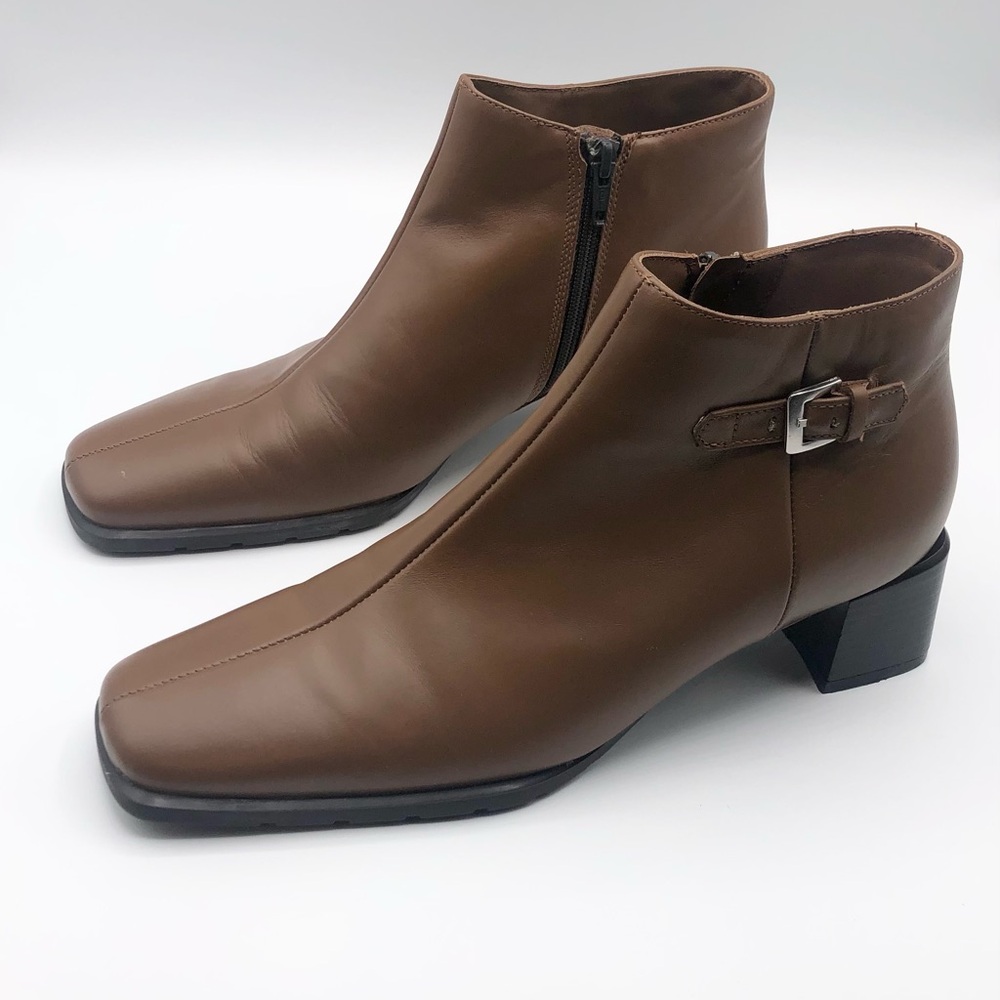 Ecco Brown Leather Square Toe Block Heeled Ankle Booties Women’s Size 7